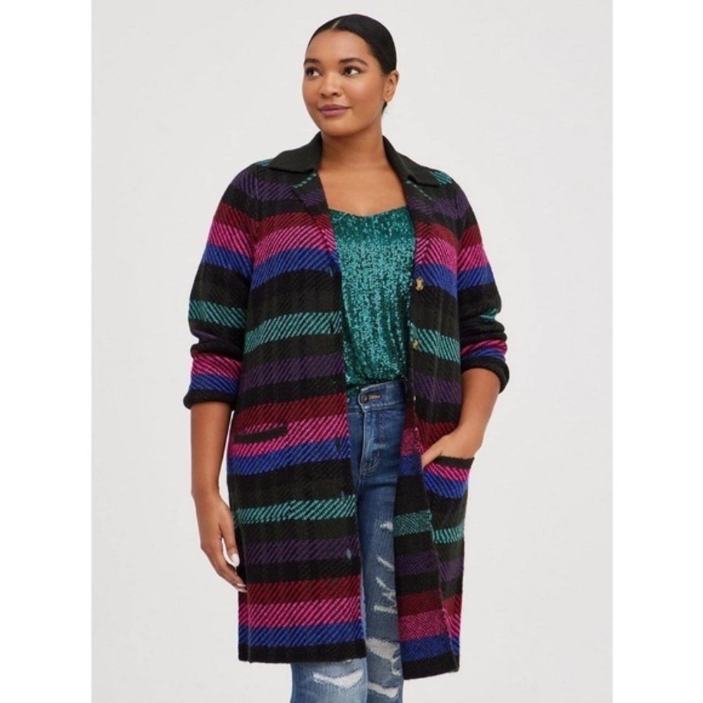 Torrid Striped Cardigan Sweater Coat Women Size 2 Multi Color Pockets X2
